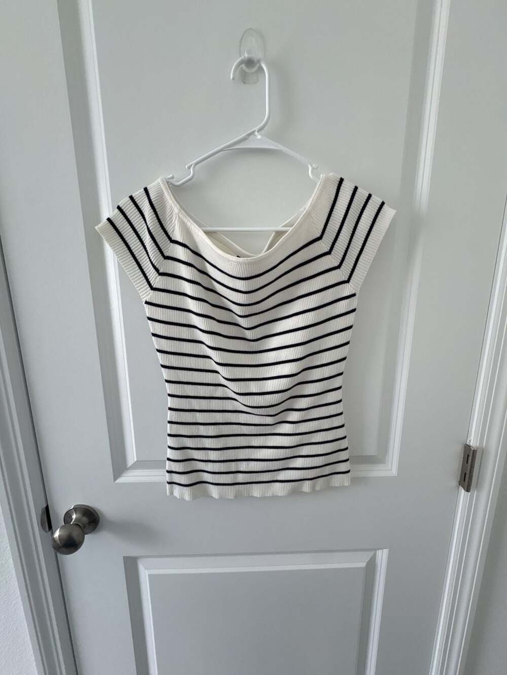Emerson Lang Striped Boatneck Ribbed Cap Sleeve Top